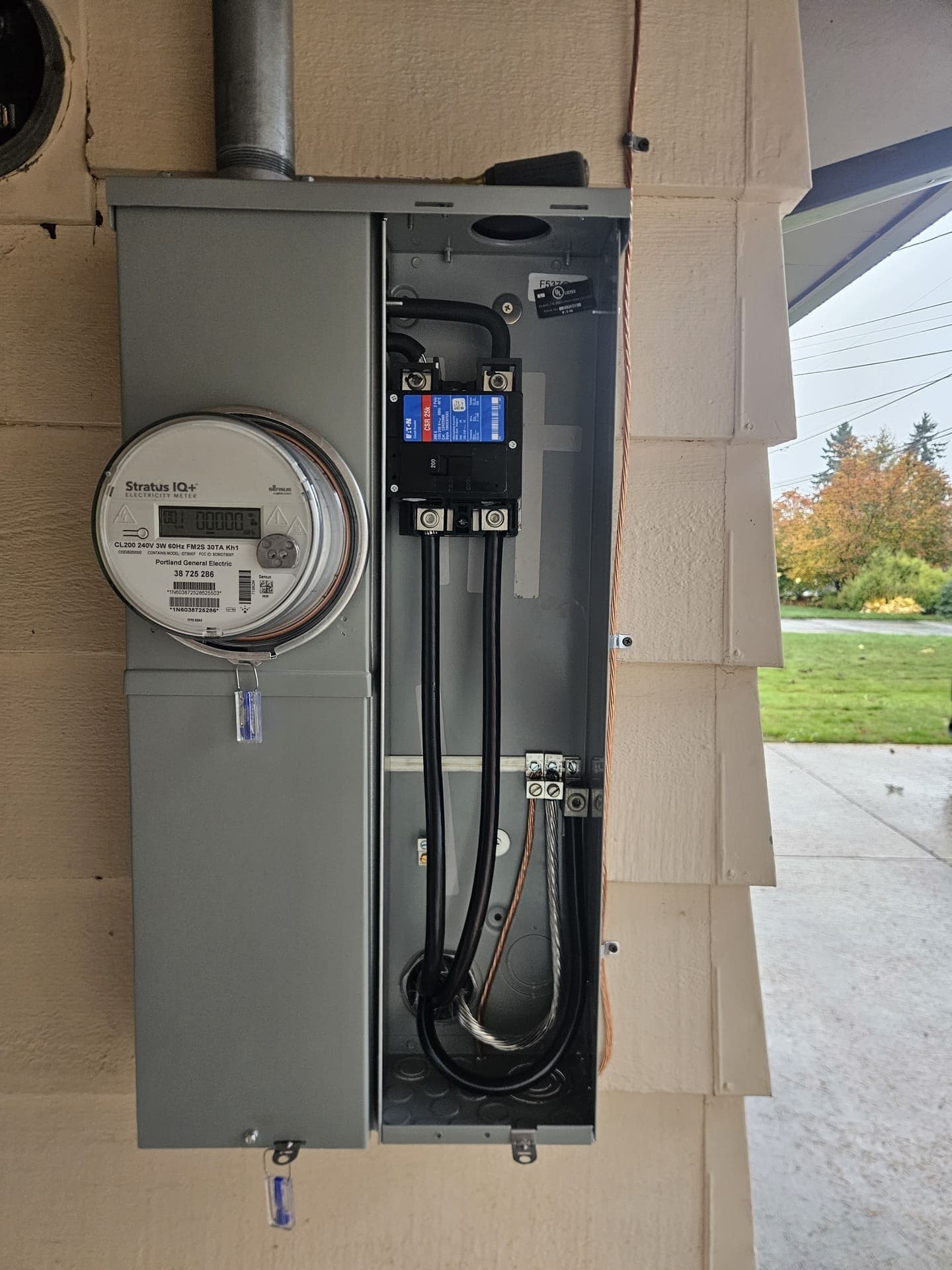 A meter base and 200 amp main disconnect open on the outside wall, where a standby supply ties in