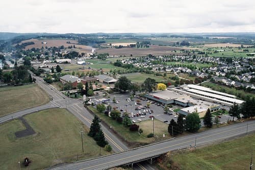 Aerial view of Banks, Oregon, with Washington County farmland beyond the town