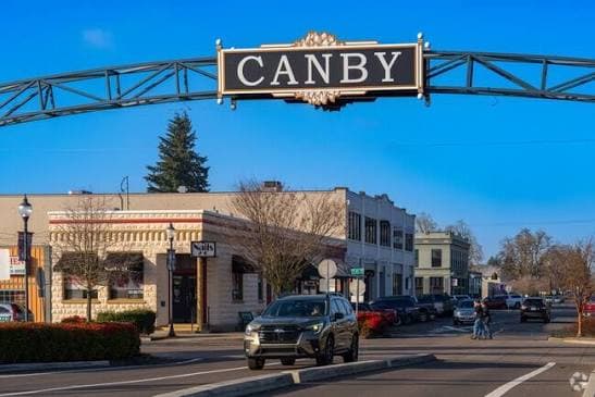 The Canby sign arching over the main street in downtown Canby, Oregon