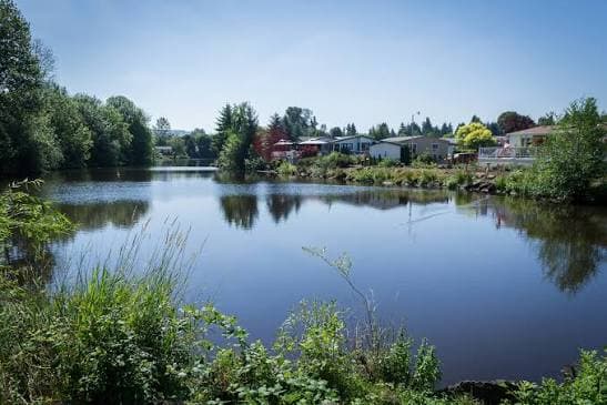 A pond and the homes along its bank at Johnson City, Oregon