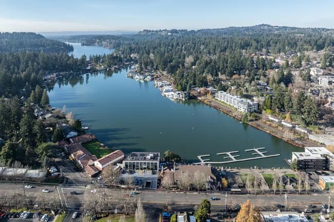 Aerial view of Oswego Lake and the boat docks along the shoreline at Lake Oswego, Oregon