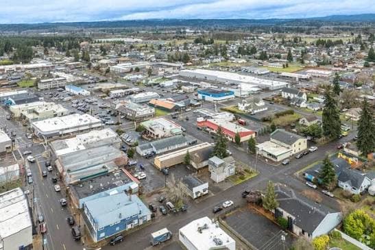Aerial view of the storefronts and side streets of downtown Molalla, Oregon