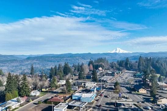 Aerial view of Sandy, Oregon, with Mount Hood on the horizon