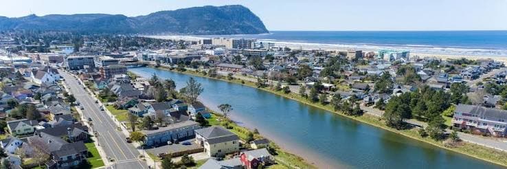 Aerial view of Seaside, Oregon, with the Necanicum River running through town to the beach