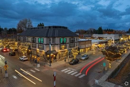 Old Town Sherwood, Oregon, strung with lights at dusk
