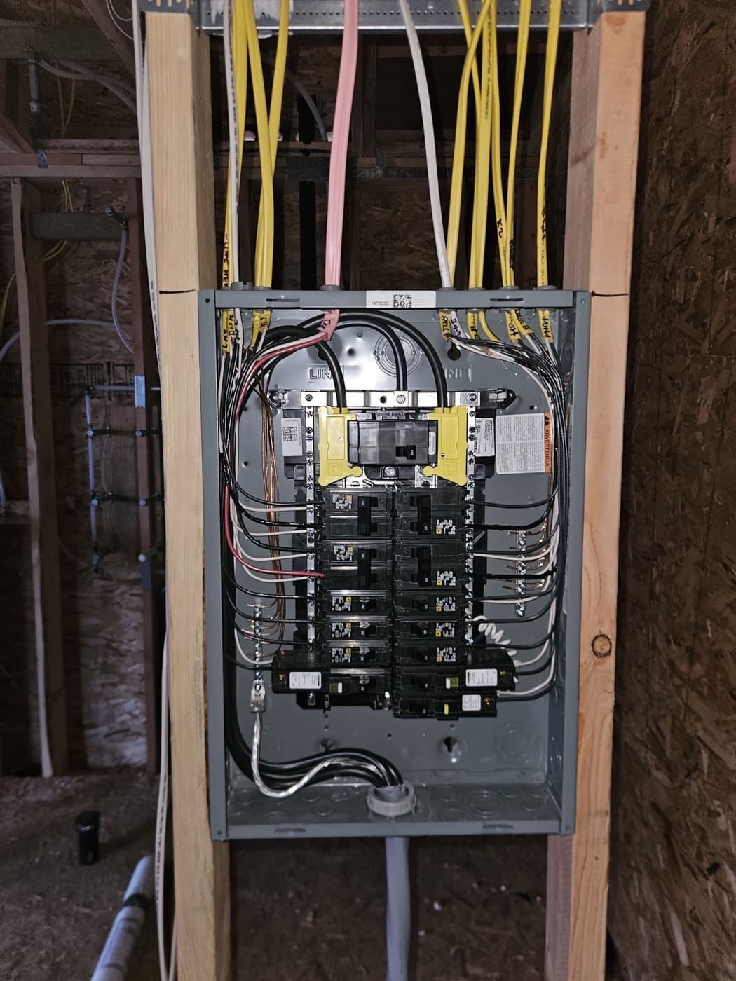 Subpanel installation on open framing with new circuits fed in from above and landed